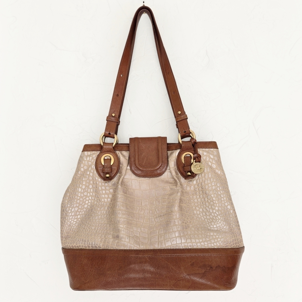 Brahmin Vintage Croc Leather Cream Brown Shoulder Bag
